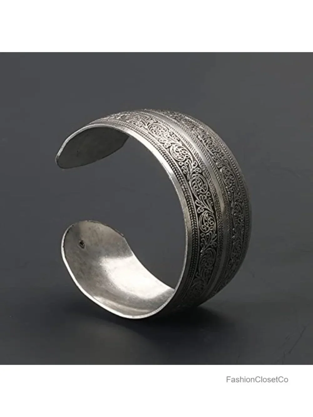 Silver Tone Carved Spiral Flower Wide Cuff Bangle Bracelet